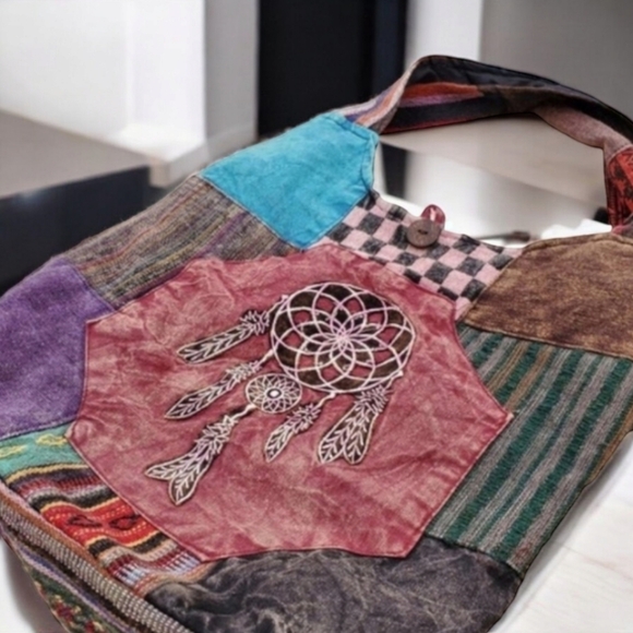 VINTAGE HANDMADE NEPAL Dream Catcher Patchwork Crossbody Bag Purse Shoulder Tote - Picture 5 of 11
